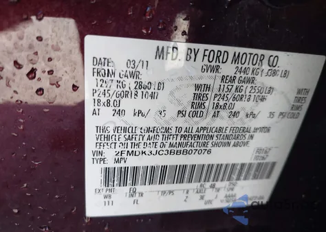 2011 Ford Edge Sel z USA, uszkodzony, nr VIN 2FMDK3JC3BBB07076